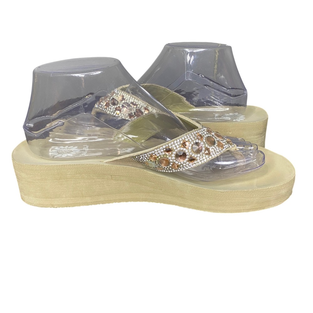 Yellow Box Tan Rhinestone Gem Embellished Wedge Platform Flip Flops Women Size 9 - Picture 5 of 12